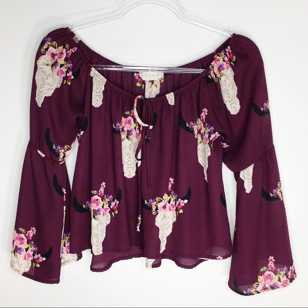 Altar’d State Womens Small Boho Crop‎ Top Maroon Wine Floral Skull Bell Sleeves